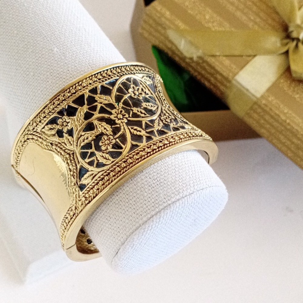 Elegant Gold-Tone & Black  Floral Cuff Bracelet